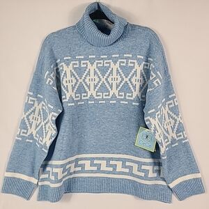 NWT CeCe Women’s Turtleneck Fairisle Long Sleeve Blue Winte Sweater Sz L